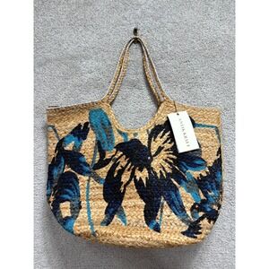 Anthropologie Antik Kraft Jute Tote Bag Blue Floral Natural Tan Summer Boho